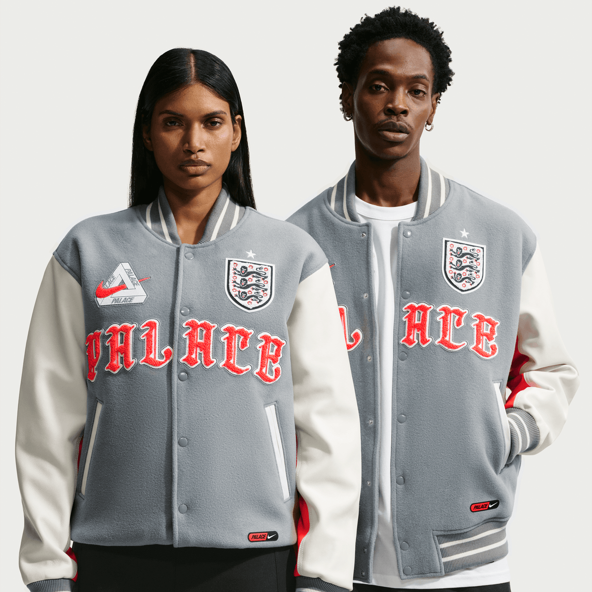 ENGLAND X PALACE X NIKE "X2" VARSITY JACKET - COOL GREY / WHITE / BRIGHT CRIMSON