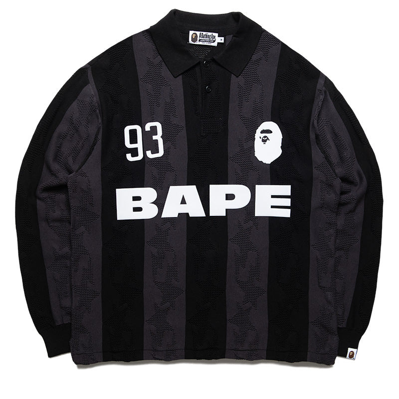 A Bathing Ape Sta Stripe Pattern Jacquard Multi Logo L/S Polo - Black