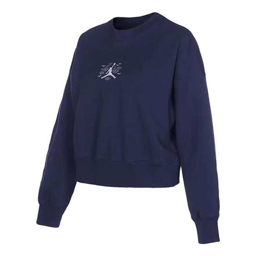 (WMNS) Jordan Solid Color Embroidered Round Neck Long Sleeves Hoodie Navy Blue DQ0864-410