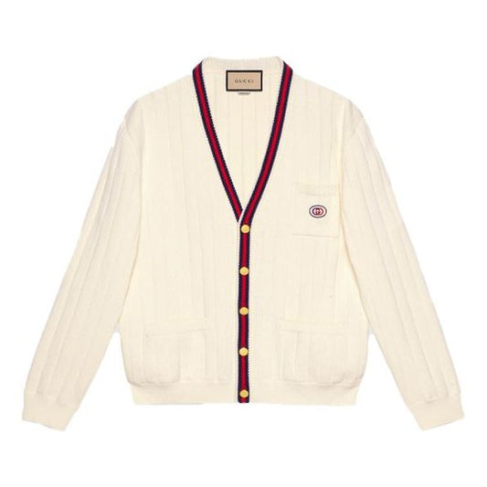 Gucci Knit Cotton V-Neck Cardigan With Web 'Ivory' 654984-XKBUR-9182